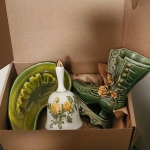 Vintage Home Decor -Mid Mod Ashtray, Allantic Mold Boot Vase, Enesco Yellow Rose